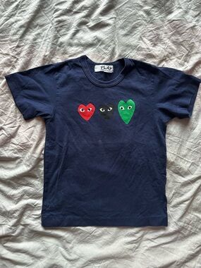 Comme des Garçons PLAY Navy T-Shirt Triple Heart Graphic Tee S